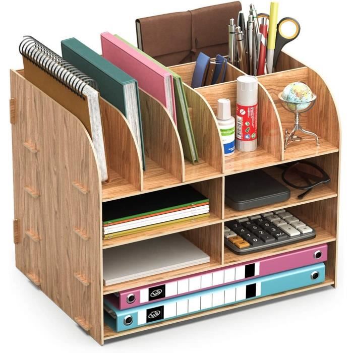 Organisateur De Bureau En Bois Et ABS - 5 Compartiments - 18.5x14x9.3 Cm - Pour Stylos, Téléphone, Fournitures - Rangement Bureau, école, Maison - 4