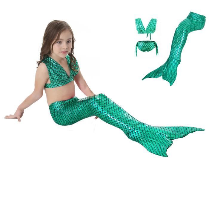 Déguisement Sirène Fille – Ensemble Bikini + Queue De Poisson 3D – 3-15 Ans – Idéal Photos Piscine, Plage, Anniversaire