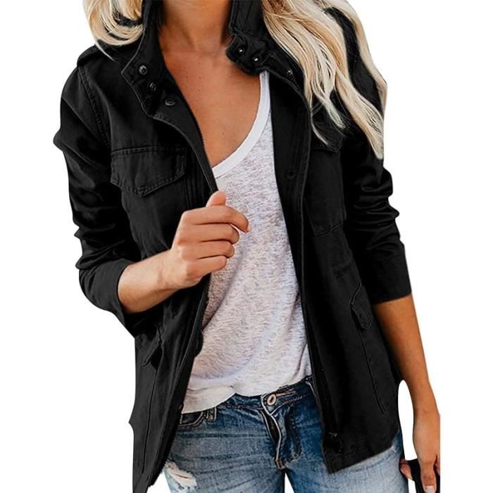 Veste Militaire Femme mi Saison Grande Taille vesteCourt veste en Coton pour PrintempsDcontract noirJacket Veste Darknoir
