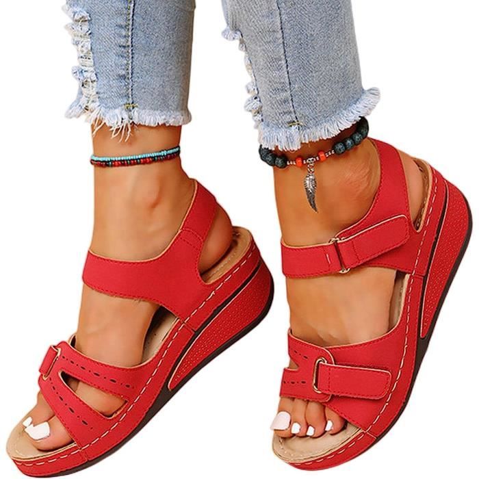 Sandales compensees rouges pour femmes DT