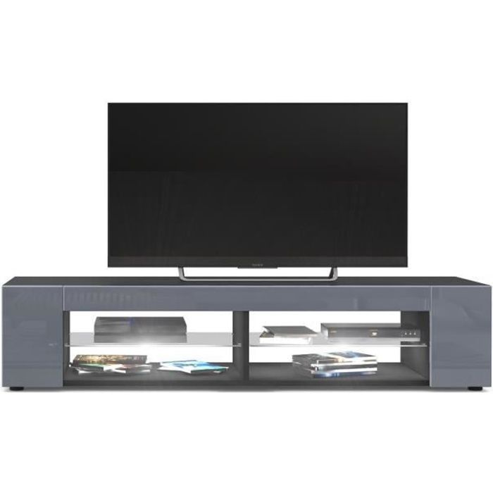 meuble tv   noir mat  façades en gris laquées led blanc