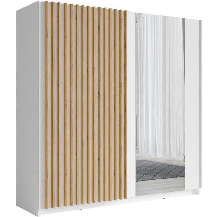 armoire design 200cm coloris blanc et chêne collection strano. deux portes coulissantes. dressing complet avec miroir.