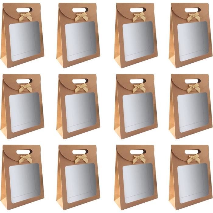 Panier Carton Pour Coffret Cadeau Sac Cadeau 12 Pièces Sac Papier Kraft, Avec Poignée, Avec Fenêtre, Pour Emballer Des Cadeaux De Banquet, Des Bonbons, Des Biscuits Boite Kraft Corbeille Carton Pour Panier