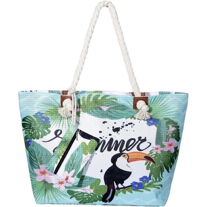 Grand Sac De Plage Hydrofuge HIKARO - 58x38x18 Cm - Avec Poche Intérieure Zippée - Idéal Vacances, Shopping, Pique-nique