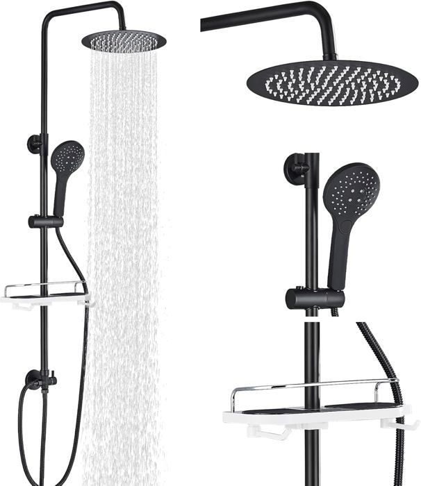 Colonne de Douche Noir sans Mitigeur ,Réglable en Hauteur Système de Douche Ensemble de Douche Mural avec pomme douche avec étagère