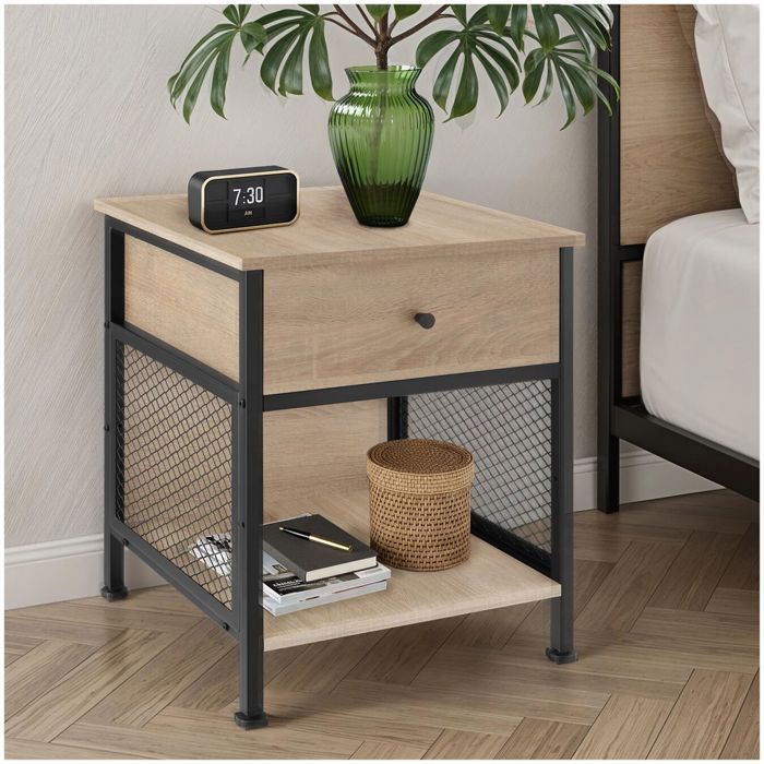 Table de chevet - TECTAKE - Chevet KILLARNEY au style industriel avec compartiment en bois et acier 45 x 46 x 555 cm - Bois clair