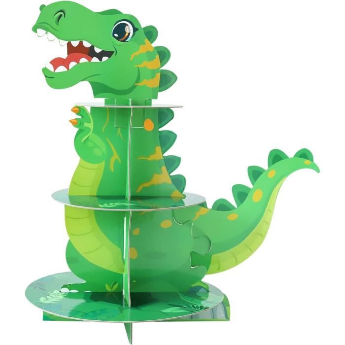 Présentoir à Cupcakes 3 étages Thème Dinosaures – Carton Robuste, Facile à Assembler, Pour Fête D’anniversaire