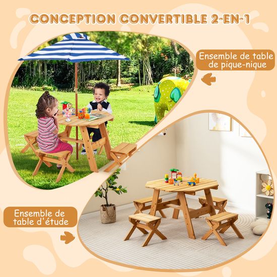 DREAMADE Table Pique-Nique Enfants 3en1 Avec Parasol - Table Camping Pliable Pour 3-7 Ans