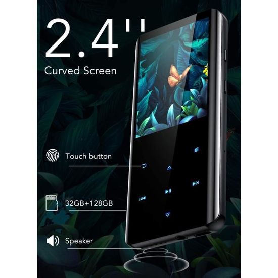 Lecteur MP3 Bluetooth Avec Boîtier Métallique - Écran 2,4" Courbé, Mémoire 32Go (Extensible 128Go), Haut-Parleur, Radio FM, Enregistrement - Autonomie 48h - 10