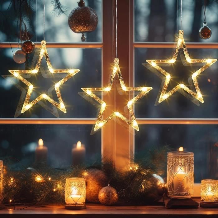 Deco De Noel Interieur,Lumiere Noel,Rideau Lumineux Étoiles 3Pcs Led  Lumières De Ventouse De Noël,Fenêtre Décorative De Noël[u188]