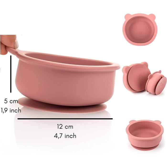Set Repas Bébé Silicone 5 Pièces - Assiette Bol Cuillère Fourchette Bavoir Antidérapant Rose