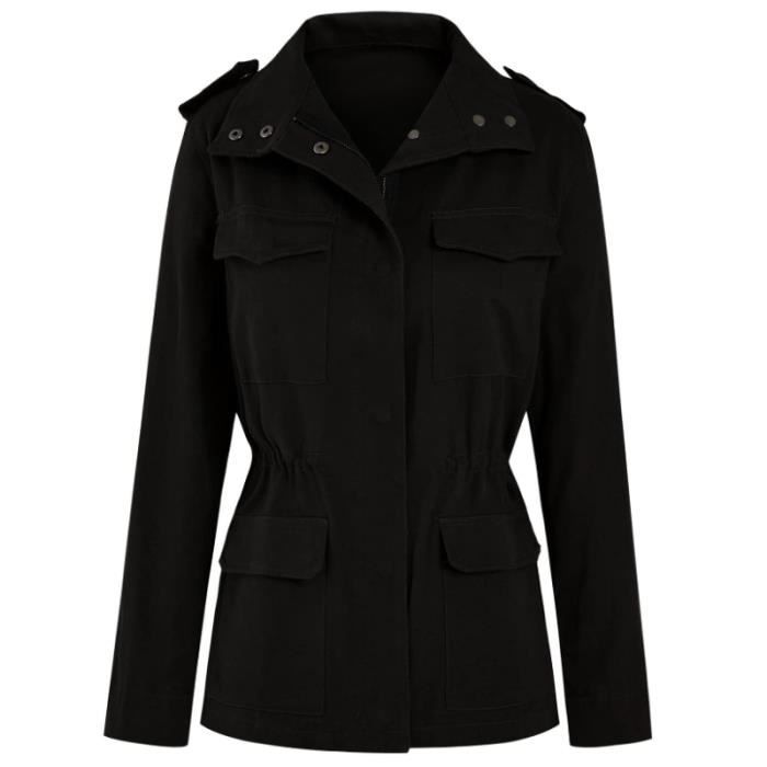 Veste Militaire Femme mi Saison Grande Taille vesteCourt veste en Coton pour PrintempsDcontract noirJacket Veste Darknoir