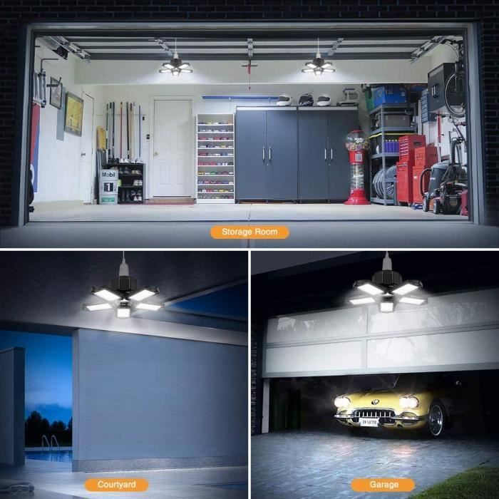 Led Garage Light 80w 8000lm Lampe Garage E26 / e27 Led Plafonnier Garage 5  + 1 Panneaux déformables Garage Lumière pour Garage Atelier Entrepôt Cave  [ener