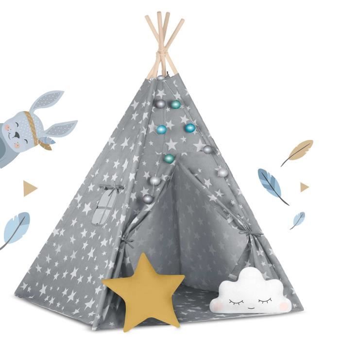 Tipi Enfant Pliable 100x100x140 Cm – Tente De Jeu Rayée Grise, Avec Fenêtre Filet – Intérieur/extérieur