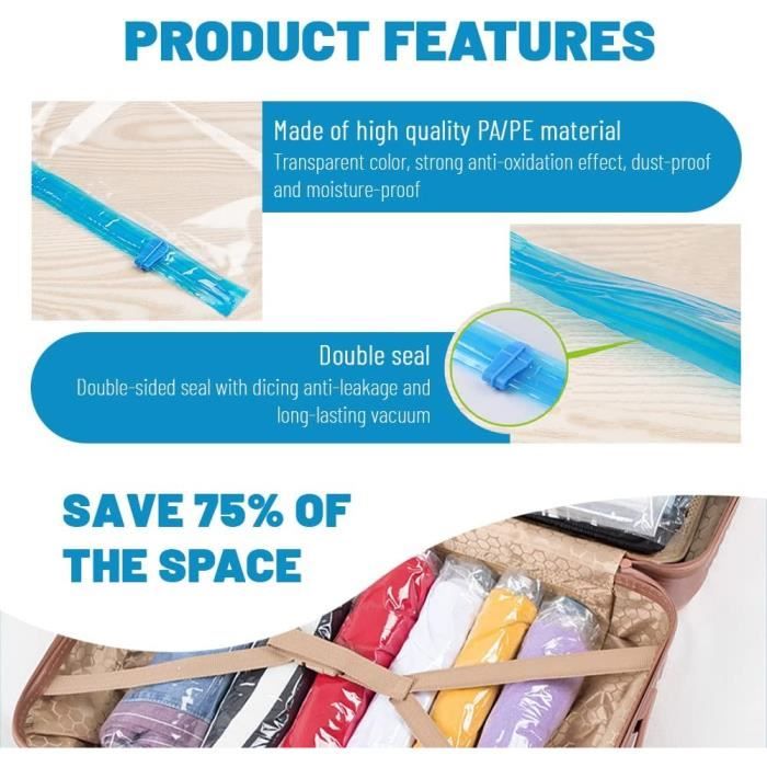 Lot 6 Sacs Compression Vêtements Lot De 6 Sacs De Rangement Sous Vide Réutilisables Avec Pompe à Main - 2 Jumbo, 1XL, 1L, 1M, 1S - Économie D' Espace 75% Sac Compactor
