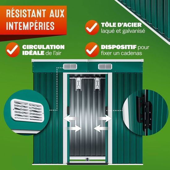 Abri Jardin Métal XL 2m² - Porte Coulissante Vert - Rangement Outils 4m³ - Fondation Incluse - 200x135x190cm