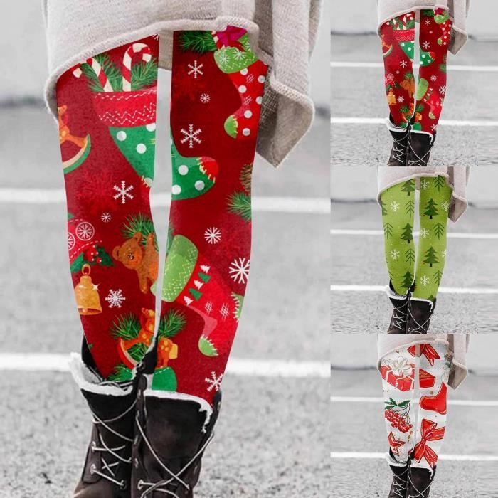 Femmes Pantalons Noël Imprimé Élastique Collants d'hiver pour Femme Motif  de Noël Slim Casual Leggings Chauds Hiver Noire