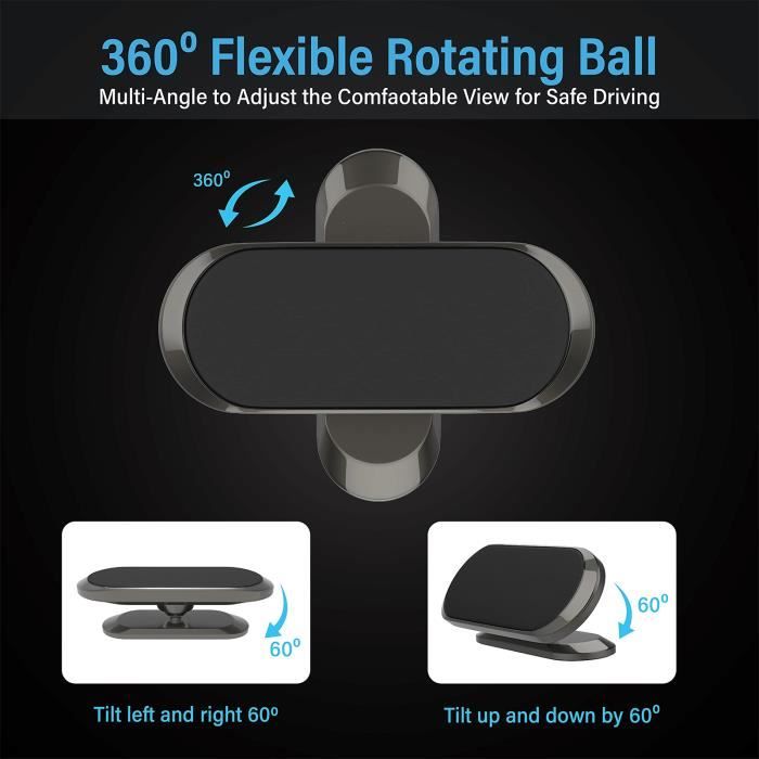 Support Téléphone Voiture Magnétique 2 Pièces - Rotation 360°, Fixation Ventouse Ou Adhésif - Noir