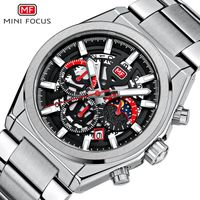 MINI FOCUS montre pour hommes 2020 luxe étanche automatique date chronographe sport en acier inoxydable bande Quartz - Argent noir
