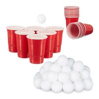 98 tlg. Beer Pong Set, 48 Bälle 38 mm und 50 Getränkebecher, Party Cups 473 ml, 16 oz, Trinkspiel, weiß und rot