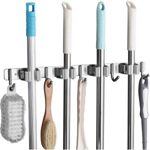 Accroche-balais MSV Avec 4 Crochets - Blanc, 20x10 Cm - Support Pour 3 Balais, Fixation Murale - 11
