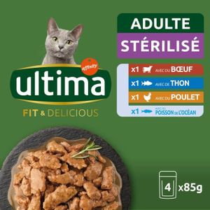 BOITES - PATÉES LOT DE 5 - ULTIMA - Pâtée pour chat Adulte Stérilisé Boeuf Thon - paquet de 4 sachets de 85 g