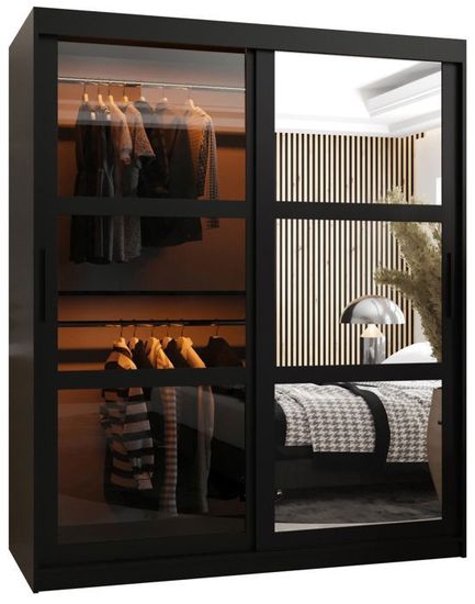 Armoire 2 Portes Coulissantes 180x200x62 Cm Noir Mat - Avec Miroir, Tringle & étagères, Rangement Spacieux