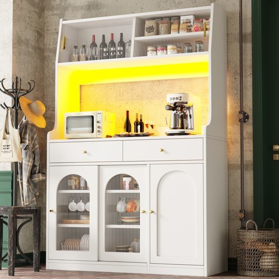 Buffet Haut OOIILLEE Avec éclairage LED Intégré Et Bandeau Musical - 120x40x179cm Vert Rétro - Portes Vitrées Et étagères Réglables - Pour Salon Ou Salle à Manger