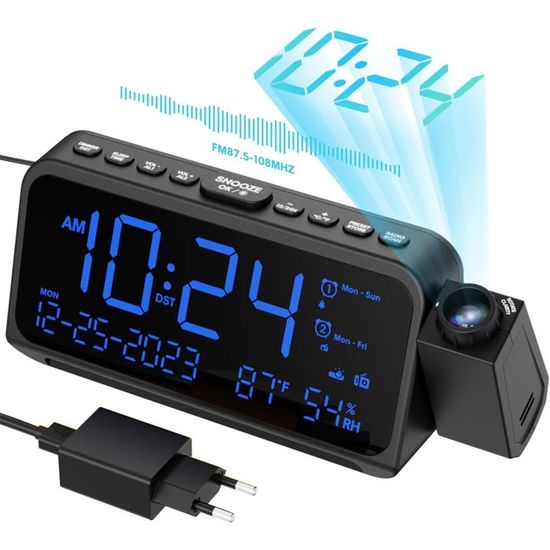 Réveil Projecteur Plafond Avec Radio FM - Projection 180° - USB - Snooze - Idéal Enfants