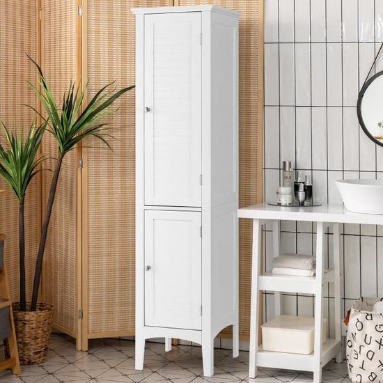 Meuble Colonne Étroite COSTWAY - Armoire Haute Avec Portes Verre Ondulé, Étagères Réglables - Blanc, Pour Salle De Bain, Salon - 10
