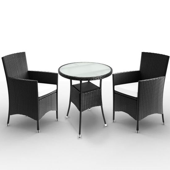 Salon de jardin 5 pièces ensemble en polyrotin - plateau verre - coussins - 2 chaises 1 table mobilier de jardin meuble extérieur