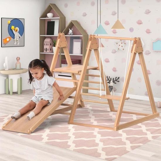 MODERNLUXE Aire de jeux d'intérieur multifonction avec portique d'escalade, toboggan et balançoire jouets en bois pour enfants