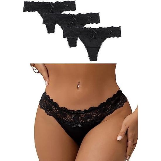 Culotte en dentelle pour femme culotte sexy pour femme culotte string creuse culotte taille basse pour femme Noir 3 pcs