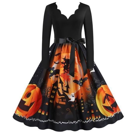 Robe Halloween Femme Style Vintage - Imprimé Citrouille, Dentelle, Jupe Ample Swing - Pour Fête, Déguisement, Soirée - Tailles S à 2XL
