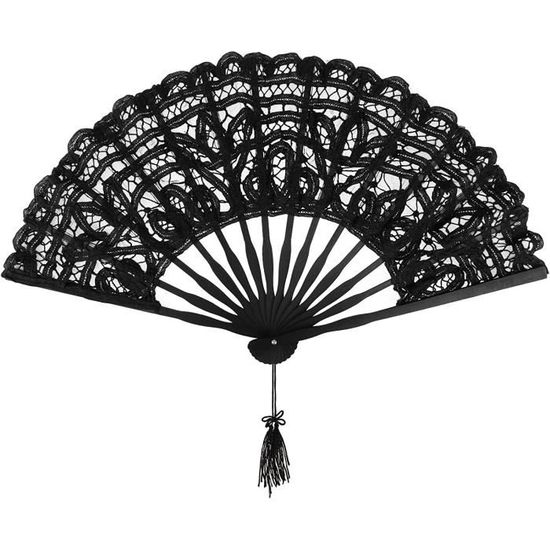 Éventail Pliant Noir Dentelle Et Bambou – Taille Compacte (22 Cm) – Élégant Pour Mariage, Soirée, été