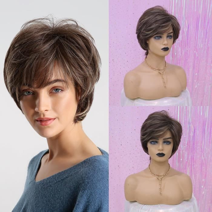 Nouveau naturel court cheveux bouclés perruque synthétique Mode onduleux chaleur perruques Résistant + Cap @whicloud20893