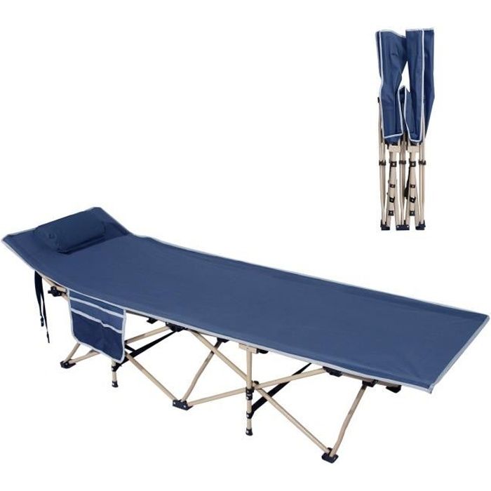 Lit de Camp Pliable Lit Simple Pliant 190CM*67CM*34CM Bain de Soleil Transat de Jardin, avec Sacoche&Oreiller