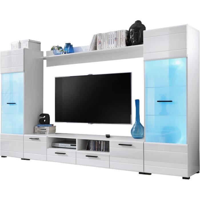 Extreme Furniture Meuble TV Mural Switch - LEDs multicolores avec télécommande - Blanc Brillant & Blanc - Façades en Brillant -