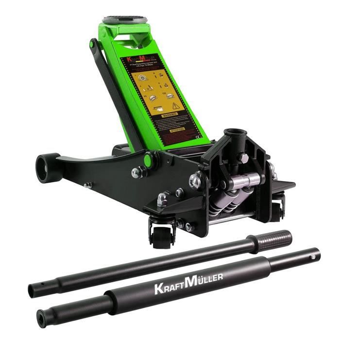 Cric hydraulique Kraft Müller professionnel 2.25T, Haut. de levage 49,5cm, Levée rapide avec système à double-pompe, Noir/Vert