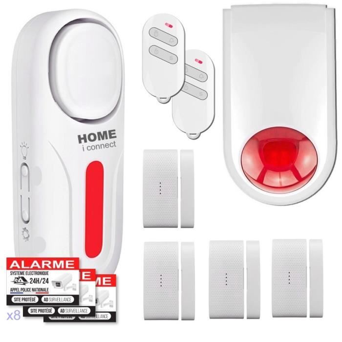Alarme de Maison - avec 2 Sirènes (1 Extérieur et 1 d' Intérieur) - 4 Détecteurs d'ouverture - 2 Télécommandes - 8 Autocollants