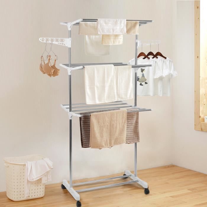 Étendoir à Linge 3 Niveaux Réglable Séchoir à Linge Pliable Grande Capacité