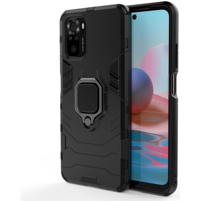 Coque Xiaomi Redmi Note 10, Antichoc avec Anneau Support 360° Métallique Magnétique avec 10 Pièces verre trempé, Noir