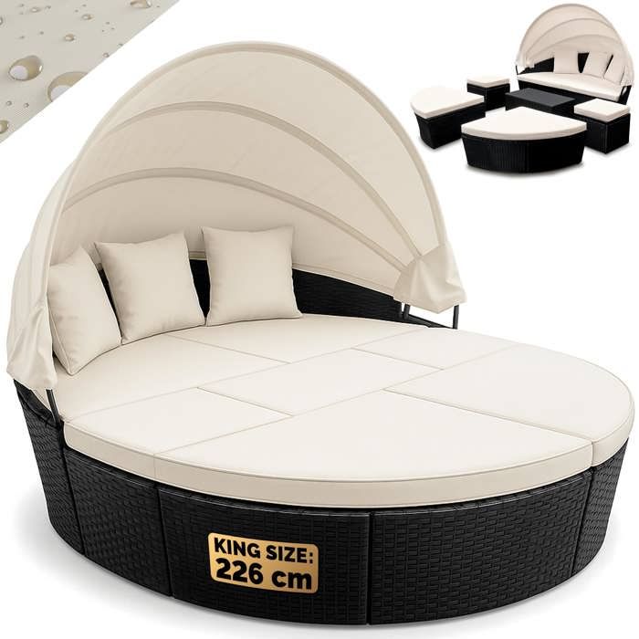 Deuba - Canapé • ensemble ovale en polyrotin noir avec coussins • 226 cm avec pare-soleil - Bain de soleil, salon de jardin, lounge