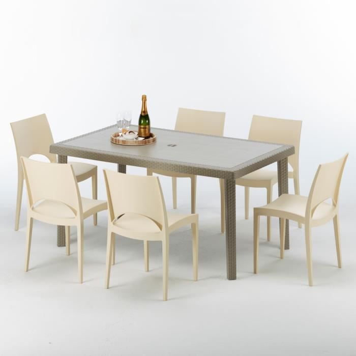 Table rectangulaire et 6 chaises Poly rotin resine ensemble bar cafè exterieur 150x90 Beige Marion, Chaises Modèle: Paris Beige ivoi