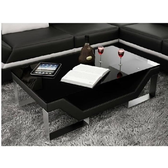 Table basse design - Noire - piètement chromé - Vitre foncée - aux lignes tendances - 120x70x42 cm – PERLE