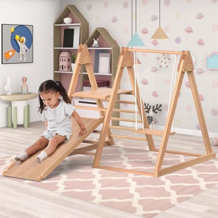 MODERNLUXE Aire de jeux d'intérieur multifonction avec portique d'escalade, toboggan et balançoire jouets en bois pour enfants