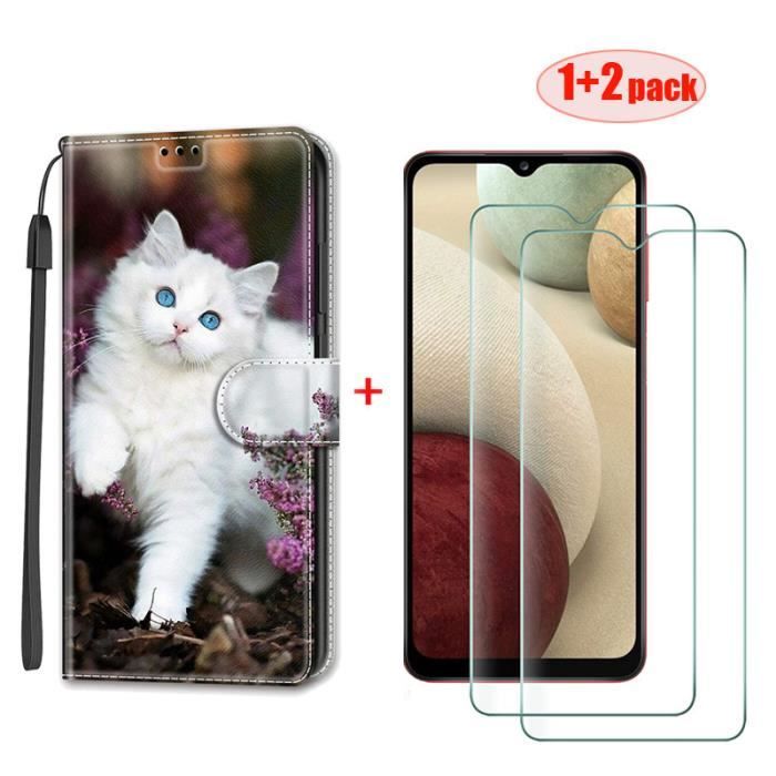 2 × Verre trempé + élégant Housse Etui Pour Samsung Galaxy A13 4G PU Cuir Pochette Etui à rabat - Chat fleur GAN