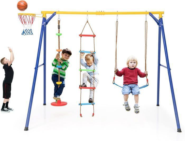 GOPLUS Portique Balançoire Exérieur Enfants 3-9 Ans avec Nid/Panier de Basket/Balançoire/Échelle dEs