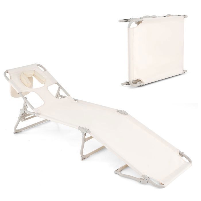 COSTWAY Chaise Longue Pliante Réglable à 4 Positions - Appuie-tête - Espace Visage et Main pour Terrasse Camping 200 kg Beige COSTWAY Chaise Longue Pliante Réglable à 4 Positions - Appuie-tête - Espace Visage et Main pour Terrasse Camping 200 kg Beige