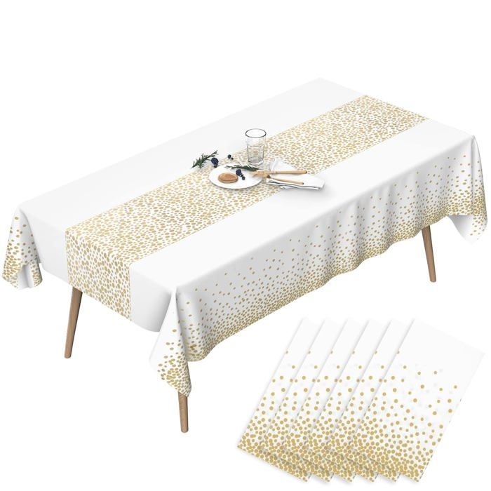 Nappe De Fête Pois Blanc Et Doré 137x274cm - Lot 8 Pièces Avec Chemins De Table Satin | Jetable Et étanche